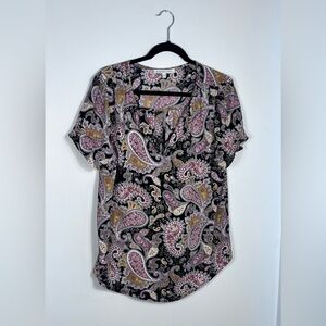 Daniel Rainn Black & Mauve Paisley Short Sleeve V-Neck Blouse EXC